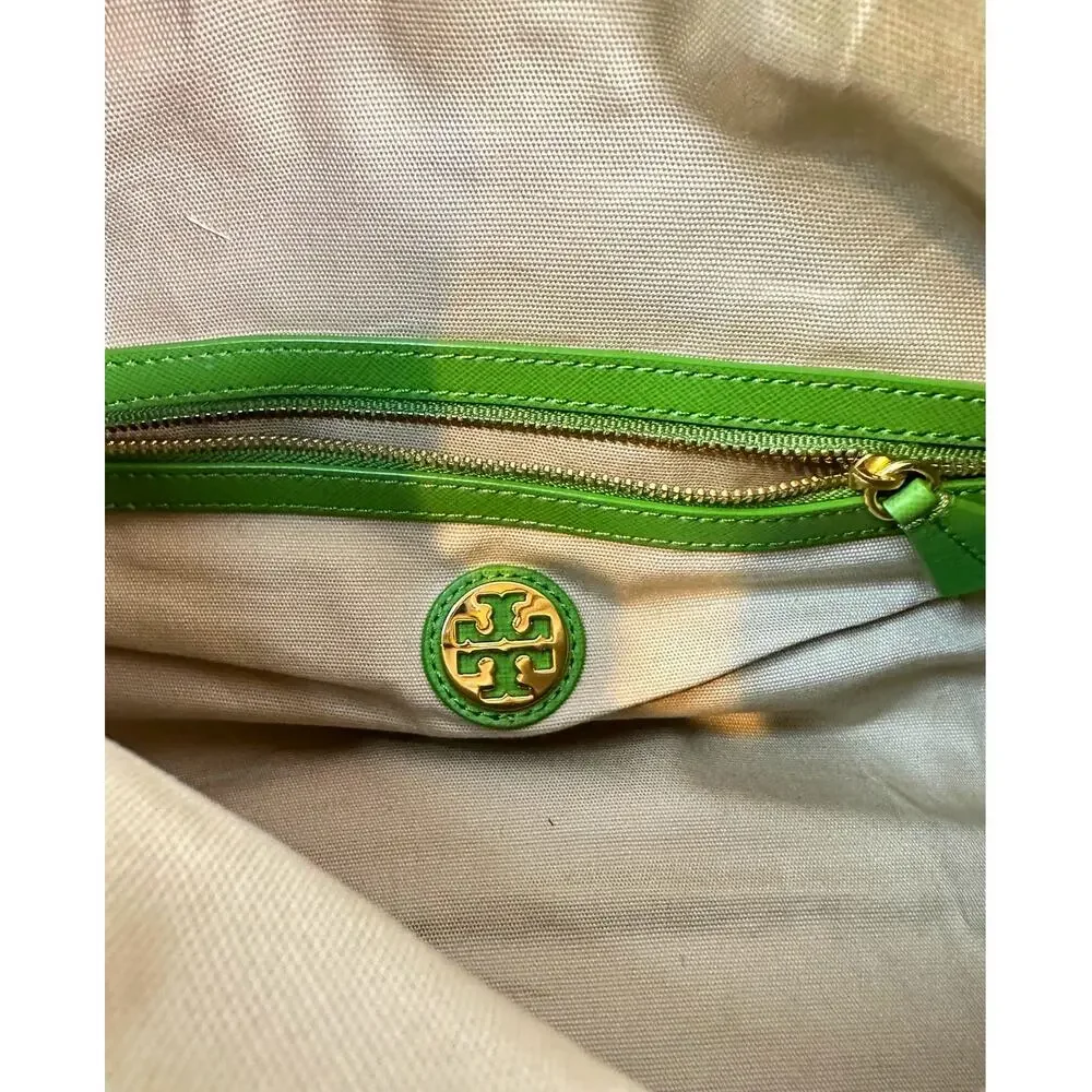Tory Burch Green Nylon & Leather Boston Satchel Gold Hardware Bag Charm